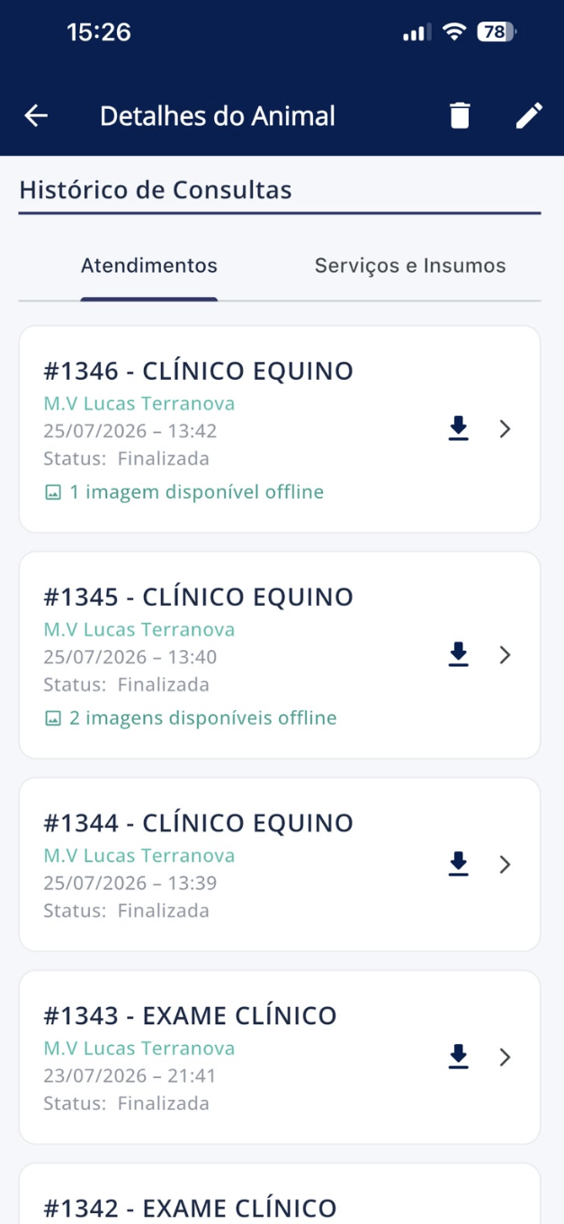 Histórico de consultas de um animal no app SodiVet, com atendimentos de clínica de equinos